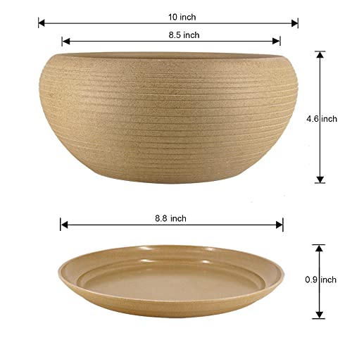 MUZHI 10” Round Large Ceramic Bonsai Bowl Planter，Clay Succulent Plant Pot Container with Saucer