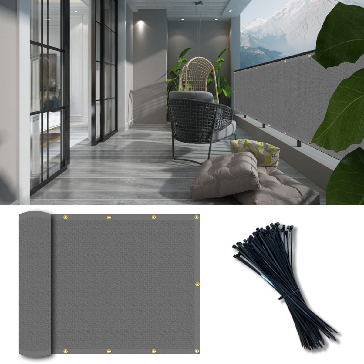 Vocray 3' x 16' Light Grey Balcony Privacy Screen Fence Cover UV Resistant Protection Heavy Duty for Deck, Patio, Backyard, Railing Shield, Cable Ties Included, 90%