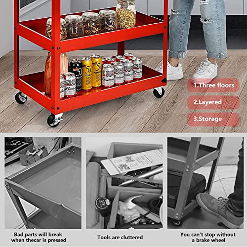 JOY-TECH 3-Tier Utility Rooling Tool Cart, Heavy Duty Industrial Service Tool Cart w/Lockable Wheels, 350lbs Load Capacity, Mechanic on Wheel,Garage Organizers and Storage