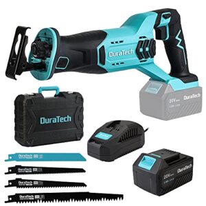 duratech cordless reciprocating saw with 20v 4.0ah li-ion battery, 3000spm, 7/8" stroke length, variable speed, tool-free blade change, 4 saw blades for wood & metal cutting