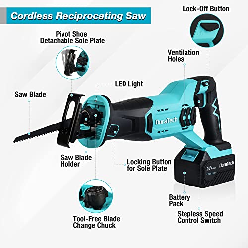 DURATECH Cordless Reciprocating Saw with 20V 4.0Ah Li-Ion Battery, 3000SPM, 7/8" Stroke Length, Variable Speed, Tool-Free Blade Change, 4 Saw Blades for Wood & Metal Cutting