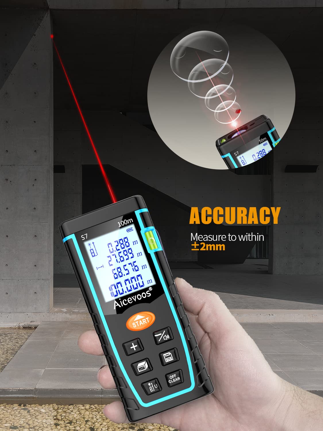 Aicevoos Laser Measure 165ft,Digital Laser Distance Meter, M/in/Ft Unit Switching Backlit LCD 4 Line Display IP54 Shockproof,Measure Distance, Area and Volume | 50M