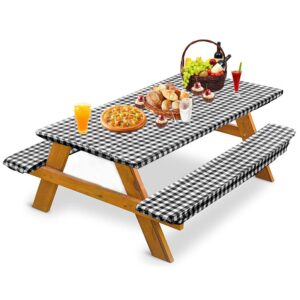 8ft picnic table covers with bench cover 96"x30" , 8 foot tables picnic table cover 3-piece set flannel backing elastic edge waterproof wipeable plastic cover for indoor outdoor patio