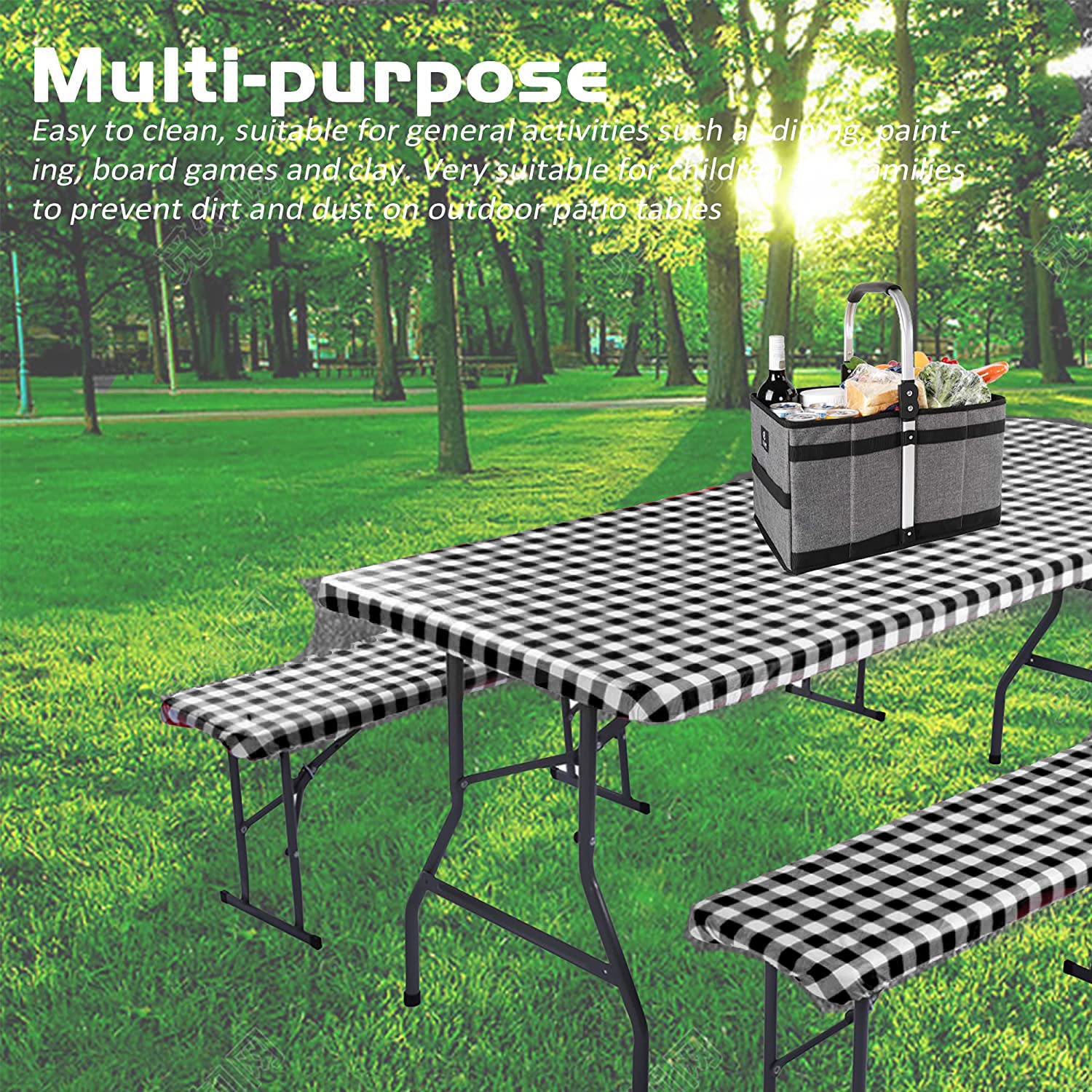 8ft Picnic Table Covers with Bench Cover 96"x30" , 8 Foot Tables Picnic Table Cover 3-Piece Set Flannel Backing Elastic Edge Waterproof Wipeable Plastic Cover for Indoor Outdoor Patio