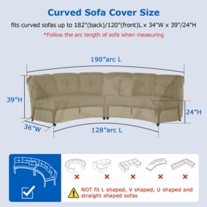 SunPatio Outdoor Curved Sectional Sofa Cover, Heavy Duty Waterproof Patio Couch Cover, All Weather Protection Furniture Cover with Sealed Seam, 190"(Back)/128"(Front) L x 36" W x 39"/24" H, Taupe