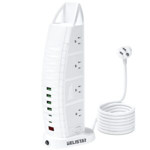 power strip tower,surge protector outlet 8 widely spaced ac outlets,fast charger 4 usb ports and 2 usb c with 6ft extension cord,overload protection with voltage display for home office