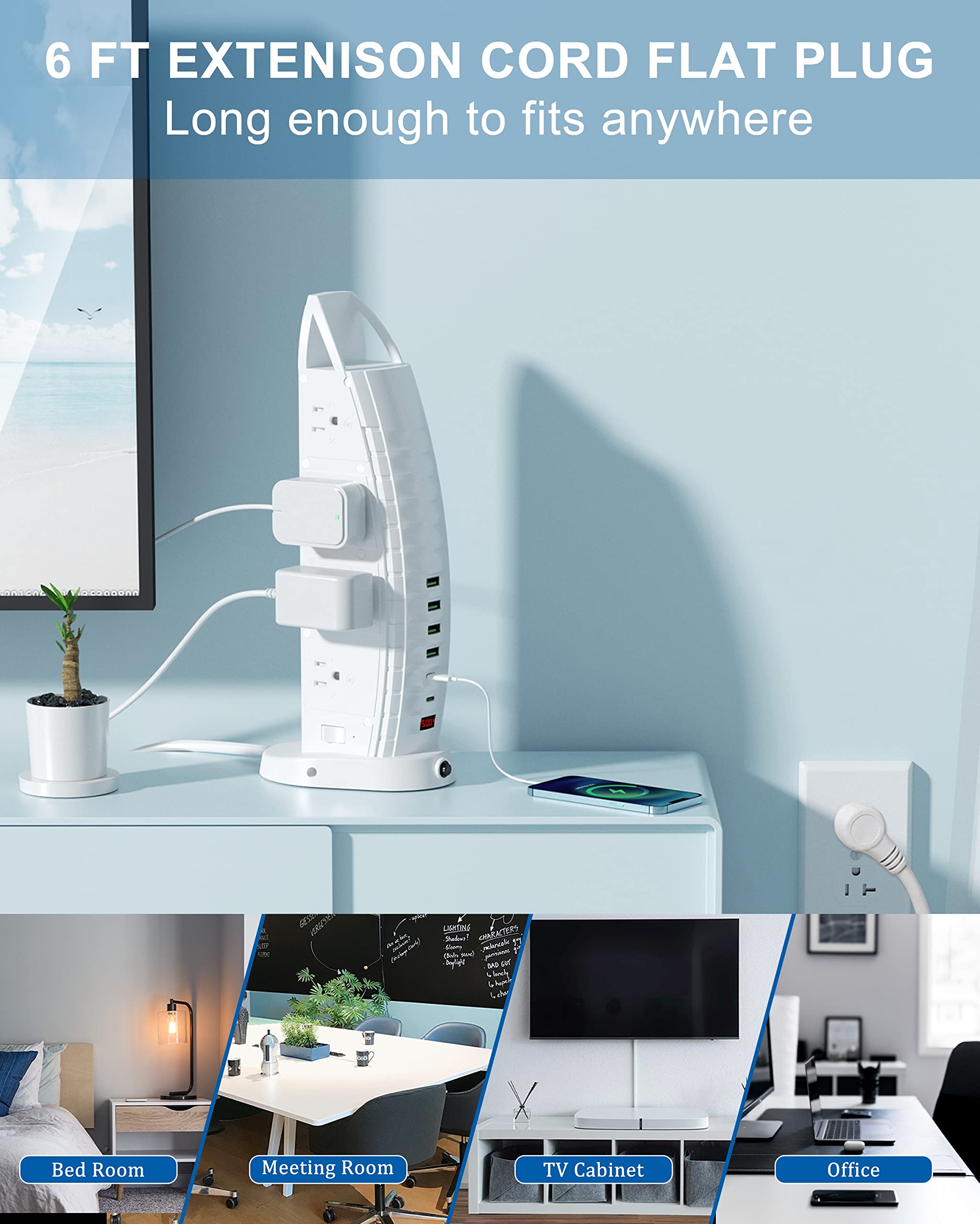 Power Strip Tower,Surge Protector Outlet 8 Widely Spaced AC Outlets,Fast Charger 4 USB Ports and 2 USB C with 6ft Extension Cord,Overload Protection with Voltage Display for Home Office