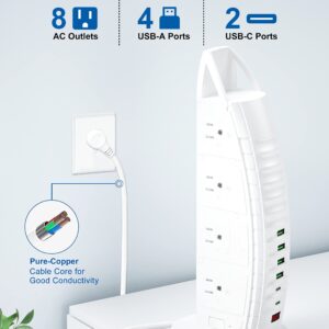 Power Strip Tower,Surge Protector Outlet 8 Widely Spaced AC Outlets,Fast Charger 4 USB Ports and 2 USB C with 6ft Extension Cord,Overload Protection with Voltage Display for Home Office