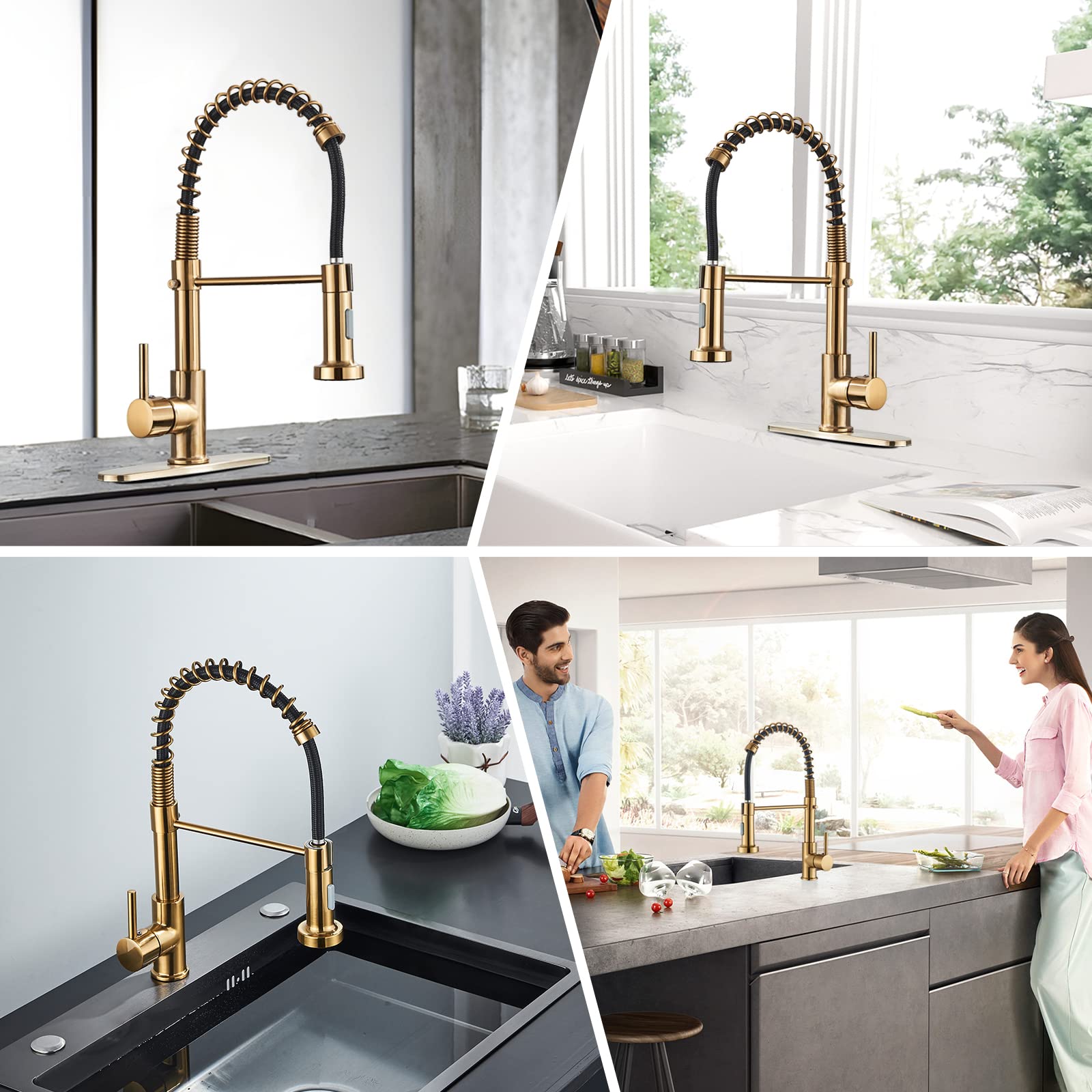 DanPiang Gold Kitchen Faucet,Commercial Stainless Steel Single Handle Pull Down Kitchen Sink Faucet with Deck Plate,Brushed Gold