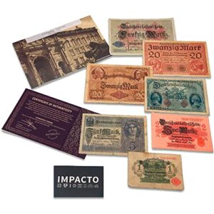 wwi german empire collection - 7 banknotes issued from 1914 to 1918. certificate of authenticity included