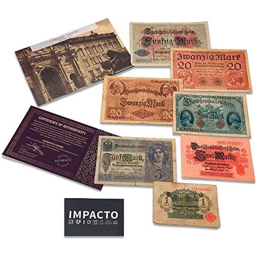 WWI German Empire Collection - 7 banknotes Issued from 1914 to 1918. Certificate of Authenticity Included