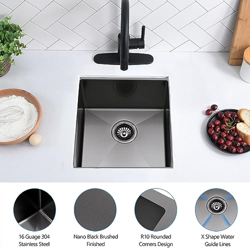 17 Inch Undermount Black Stainless Steel Kitchen Bar Sink, Scamall 17 X 19 X 10 Single Bowl 16 Gauge Stainless Steel Small Workstation Prep Wet Bar Sink Outdoor Sink with Cutting Board SML001SBG