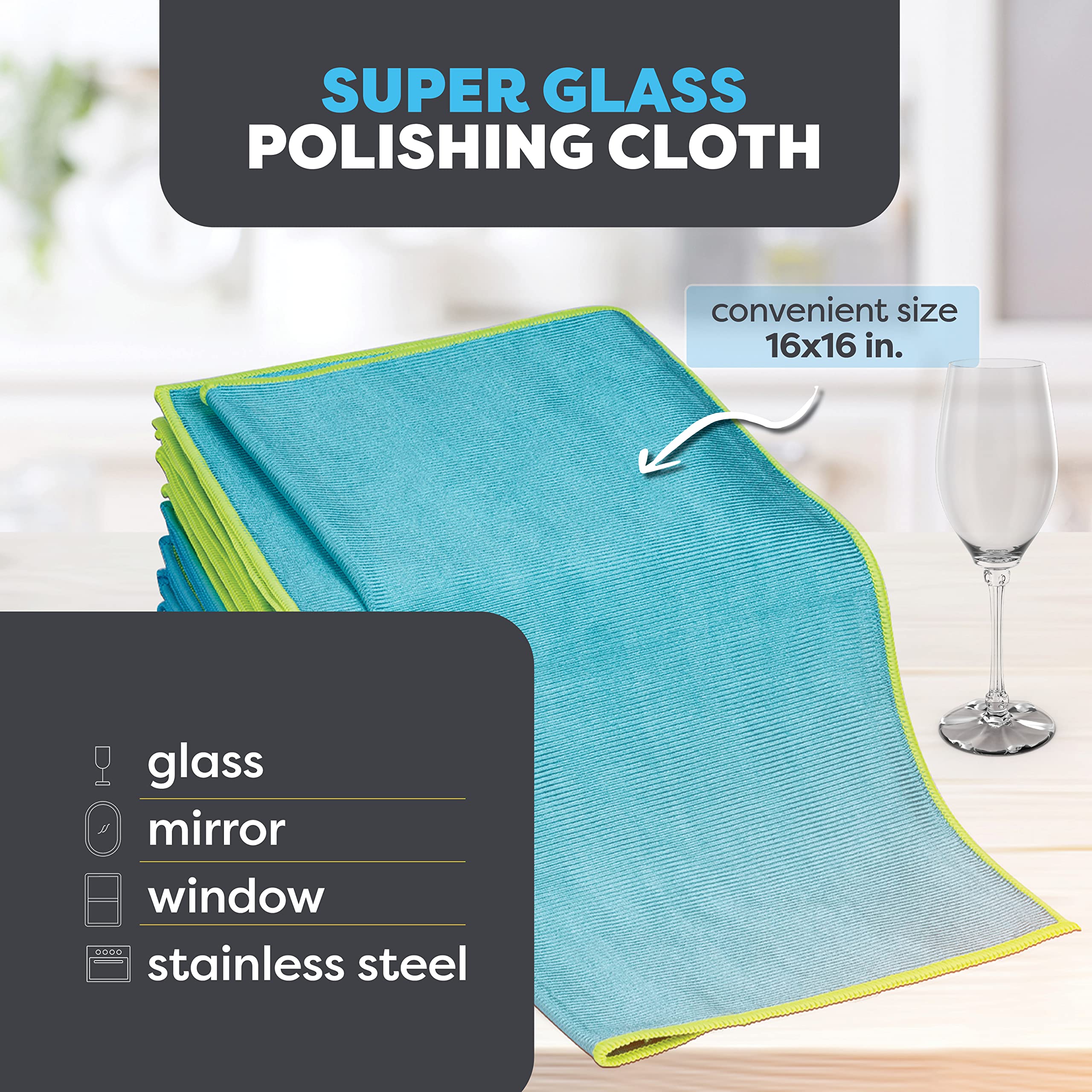 SCRUBIT Microfiber Cloths for Glass [8 Pack] – Lint Free Window Cleaning Cloth for Mirrors, Eyeglasses, Windows, Shower Glass Doors – Reusable and Washable Polishing Towels - 16” x 16”