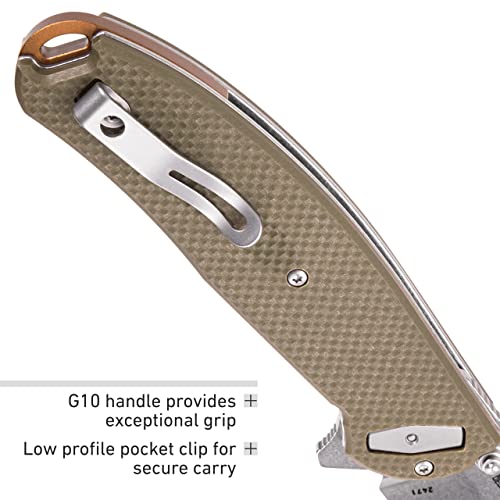 Columbia River Knife & Tool Butte Folding Pocket Knife: Everyday Carry, Plain Edge D2 Blade, Deadbolt Lock, IKBS Ball Bearings w/Deep Carry Pocket Clip 2471, OD green