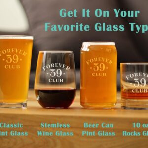 Forever 39 Club - Stemless Wine Glass 40th Birthday Gifts for Women & Men Turning 40 - Bday Party Decor - Large 17 Oz Glasses