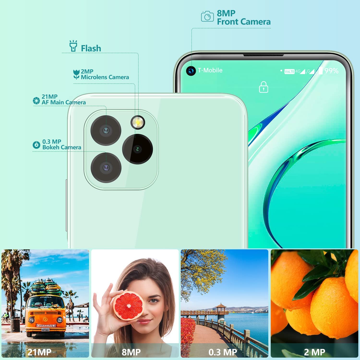 OUKITEL C21 Pro Unlocked Cell Phone, 6.4" HD+ Android 11 Unlocked Smartphone 4GB+64GB 256GB Expandable 21MP Camera 4000mAH Battery 4G Dual Sim Face/Fingerprint ID OTG (Green)