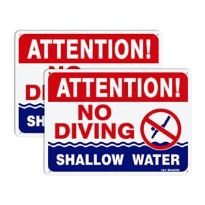 t&r no diving sign shallow water - 2 pack - 10"x7" .040 rust free heavy aluminum, reflective, waterproof, weatherproof and fade resistant, 4 pre-drilled holes, easy to mount