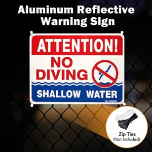 T&R No Diving Sign Shallow Water - 2 Pack - 10"x7" .040 Rust Free Heavy Aluminum, Reflective, Waterproof, Weatherproof and Fade Resistant, 4 pre-drilled holes, Easy to Mount