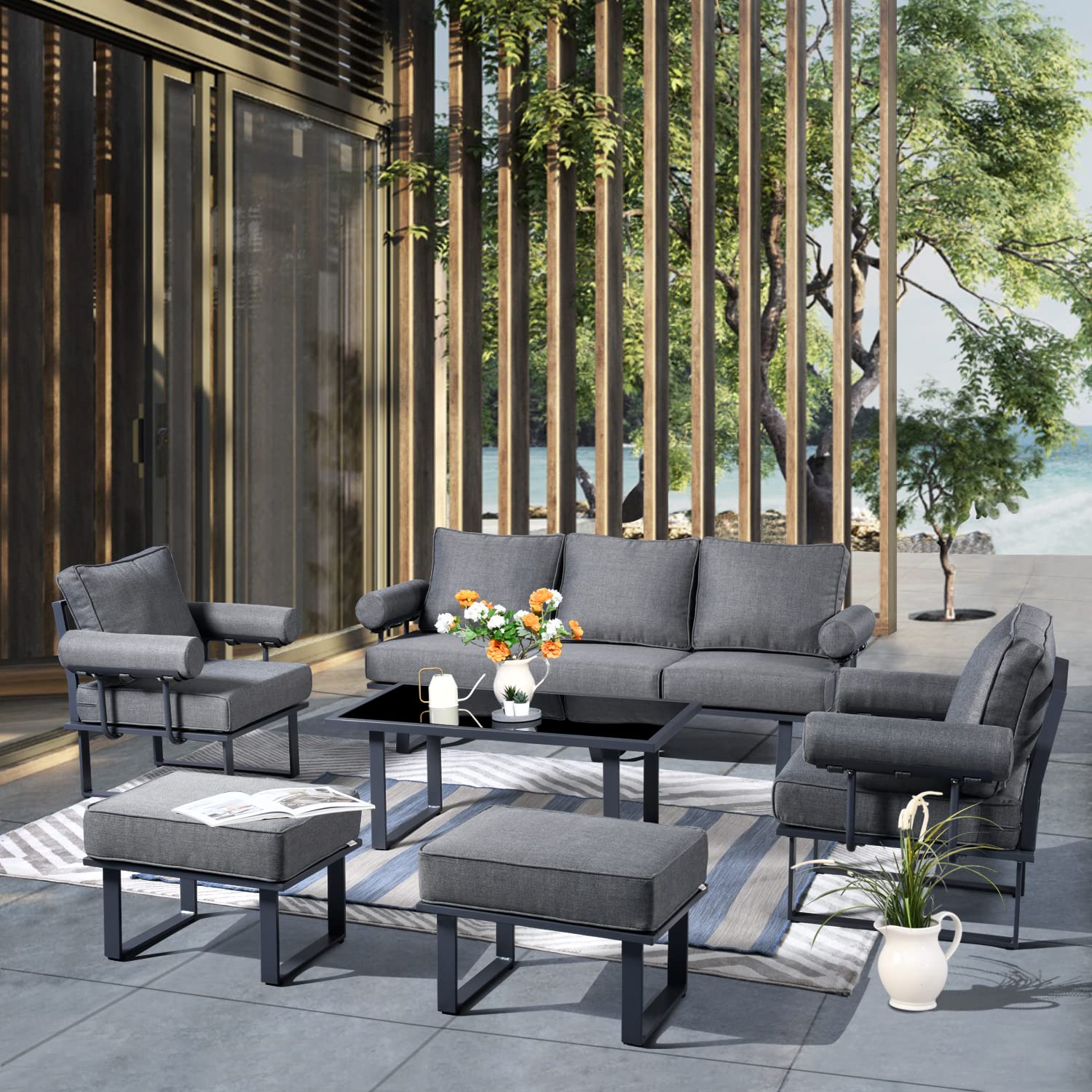 HOOOWOOO Aluminum Outdoor Patio Furniture Set,6 Piece Outside Mid Century Modern Couch,Weather Resistant Sofa Seating with Table Ottoman Cushion Arm,Grey