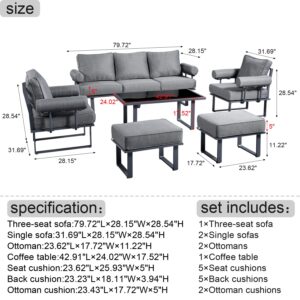 HOOOWOOO Aluminum Outdoor Patio Furniture Set,6 Piece Outside Mid Century Modern Couch,Weather Resistant Sofa Seating with Table Ottoman Cushion Arm,Grey