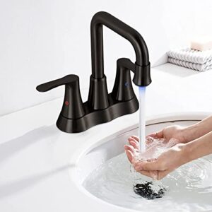 VXV Bathroom LED Faucet 360 Degree Swivel Spout 2-Handle Lavatory Faucet with Pop Up Drain and Replaceable LED Aerator 4 Inch Centerset Lavatory Vanity Faucets 2 Hole Matte Black