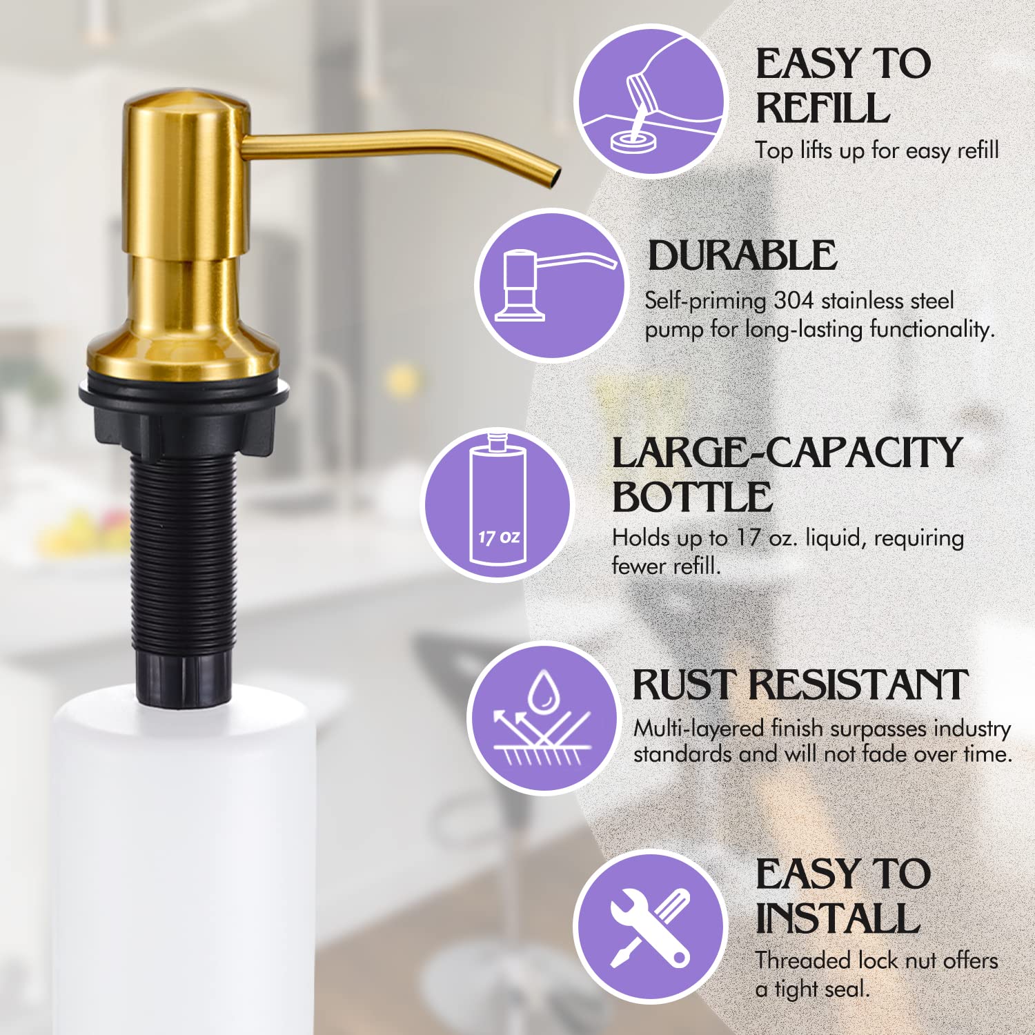 Hoanmpy Soap Dispenser for Kitchen Sink Brushed Gold, Built in Stainless Steel Kitchen Soap Dispenser, Refill from The Top,in Counter Kitchen Sink Soap Dispenser,17 oz