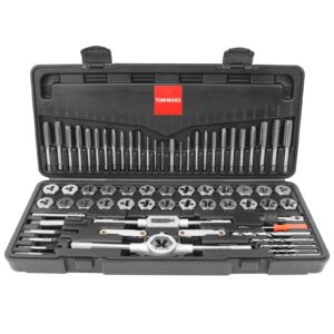 tommars 70-pc tap and die set, sae & metric hex thread taps dies wrench metric sizes m3 to m12 & standard sizes #4 to 1/2" type nc nf npt