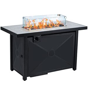 avawing propane fire pit, 42 inch 60,000 btu gas firepit table with glass wind guard, table lid, fire glass, waterproof cover, outdoor fireplace for garden, patio, backyard (dark black)