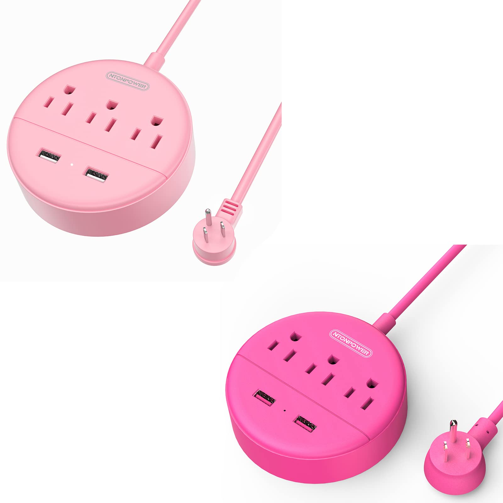 Pink Power Strip with USB, NTONPOWER Flat Plug Extension Cord 5ft, Nightstand Desktop Charging Station with 3 Outlet and 2 USB, Wall Mount, Small Size for Dorm Room Home Office Travel, ETL Listed