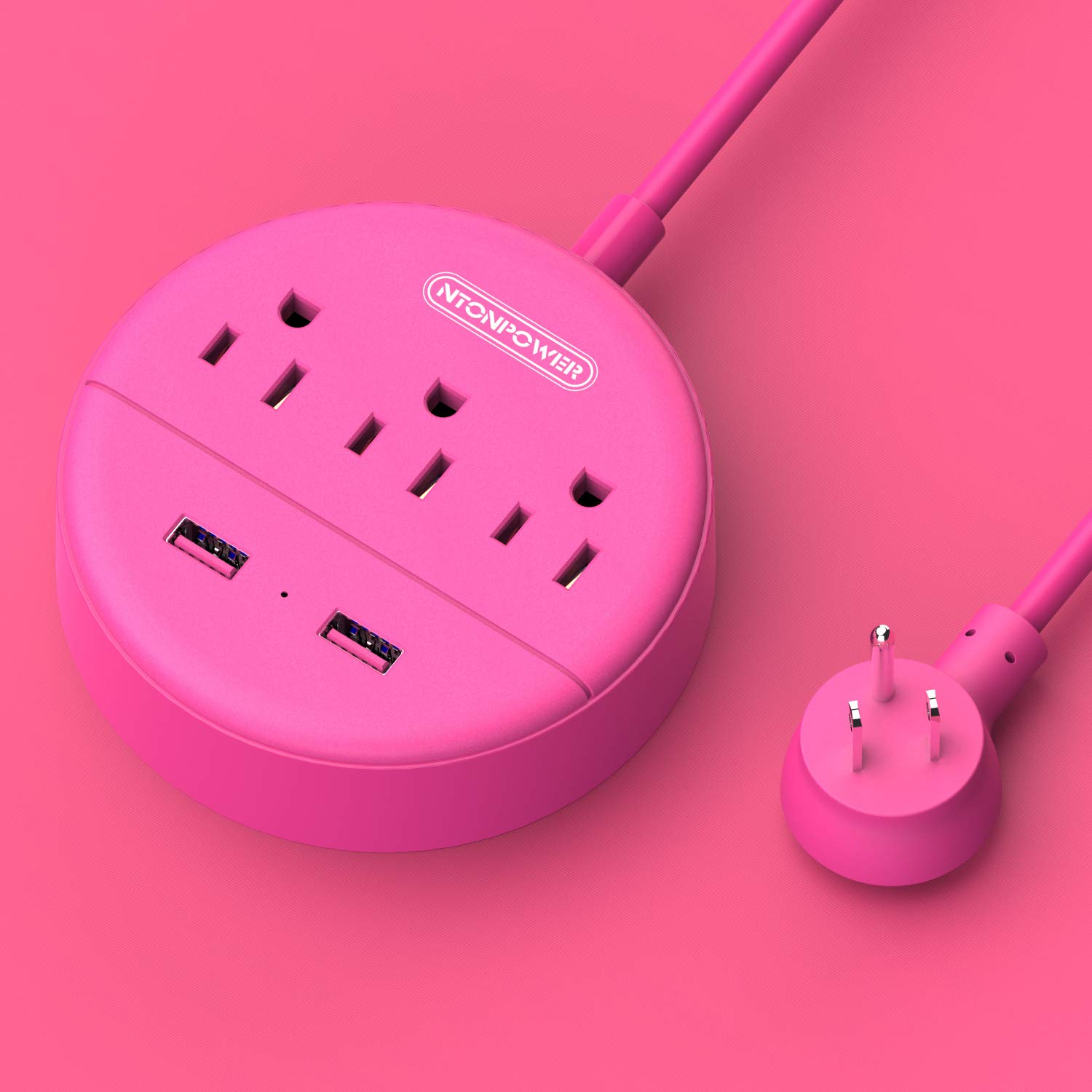 Pink Power Strip with USB, NTONPOWER Flat Plug Extension Cord 5ft, Nightstand Desktop Charging Station with 3 Outlet and 2 USB, Wall Mount, Small Size for Dorm Room Home Office Travel, ETL Listed