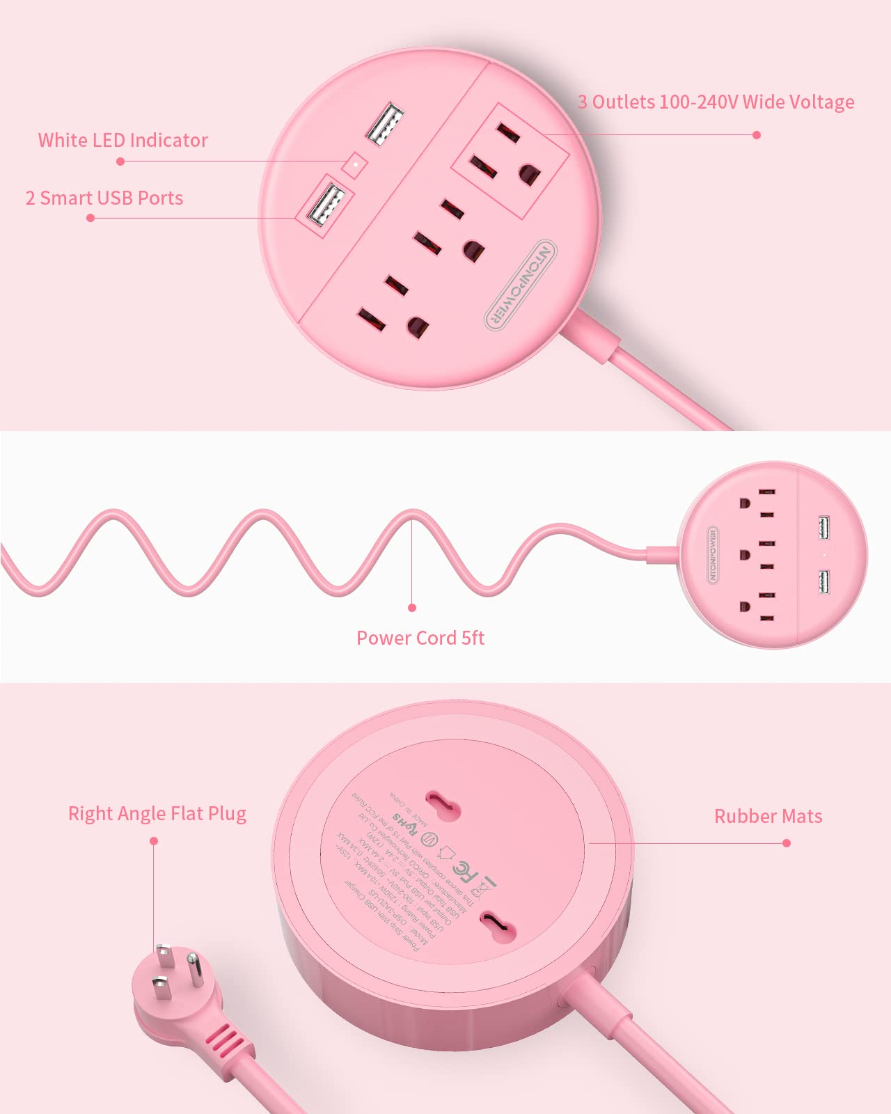 Pink Power Strip with USB, NTONPOWER Flat Plug Extension Cord 5ft, Nightstand Desktop Charging Station with 3 Outlet and 2 USB, Wall Mount, Small Size for Dorm Room Home Office Travel, ETL Listed