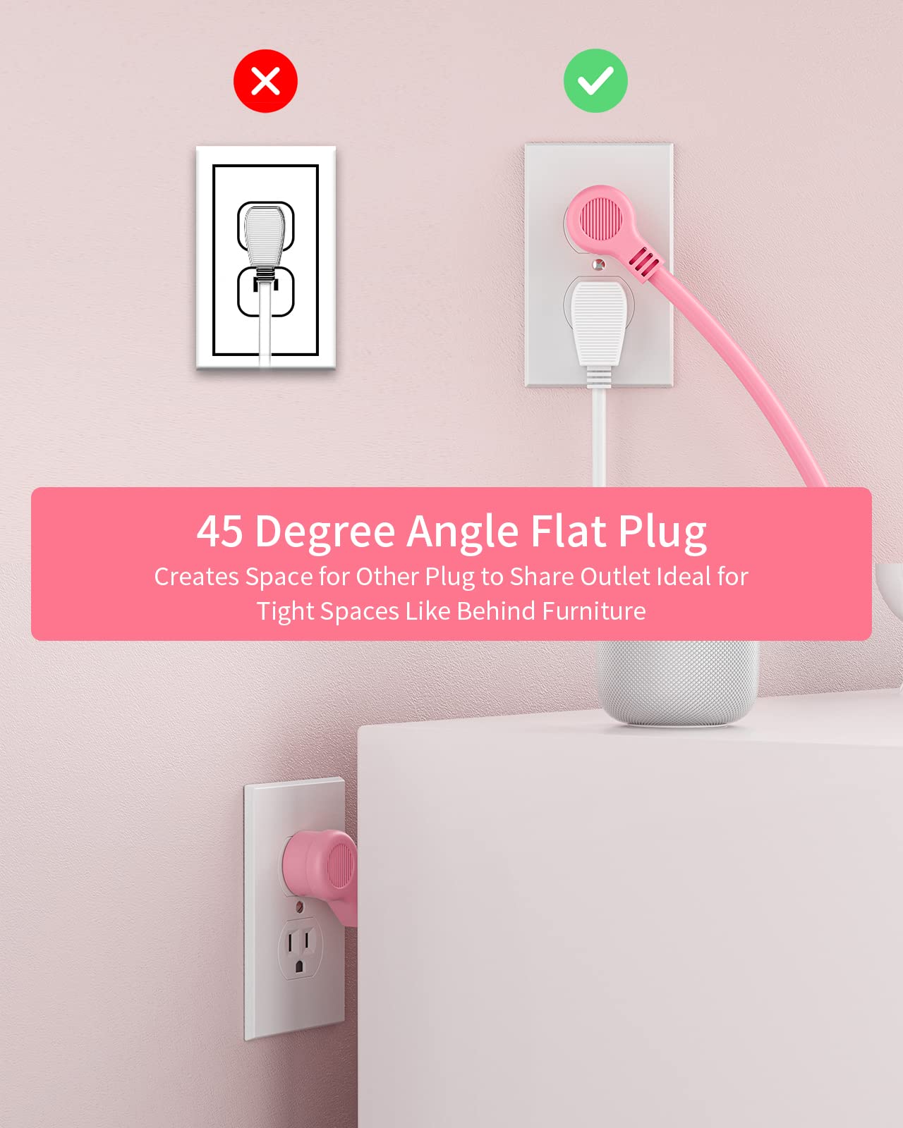 Pink Power Strip with USB, NTONPOWER Flat Plug Extension Cord 5ft, Nightstand Desktop Charging Station with 3 Outlet and 2 USB, Wall Mount, Small Size for Dorm Room Home Office Travel, ETL Listed