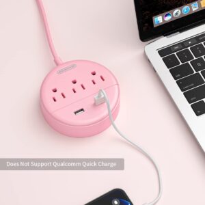 Pink Power Strip with USB, NTONPOWER Flat Plug Extension Cord 5ft, Nightstand Desktop Charging Station with 3 Outlet and 2 USB, Wall Mount, Small Size for Dorm Room Home Office Travel, ETL Listed