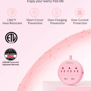 Pink Power Strip with USB, NTONPOWER Flat Plug Extension Cord 5ft, Nightstand Desktop Charging Station with 3 Outlet and 2 USB, Wall Mount, Small Size for Dorm Room Home Office Travel, ETL Listed