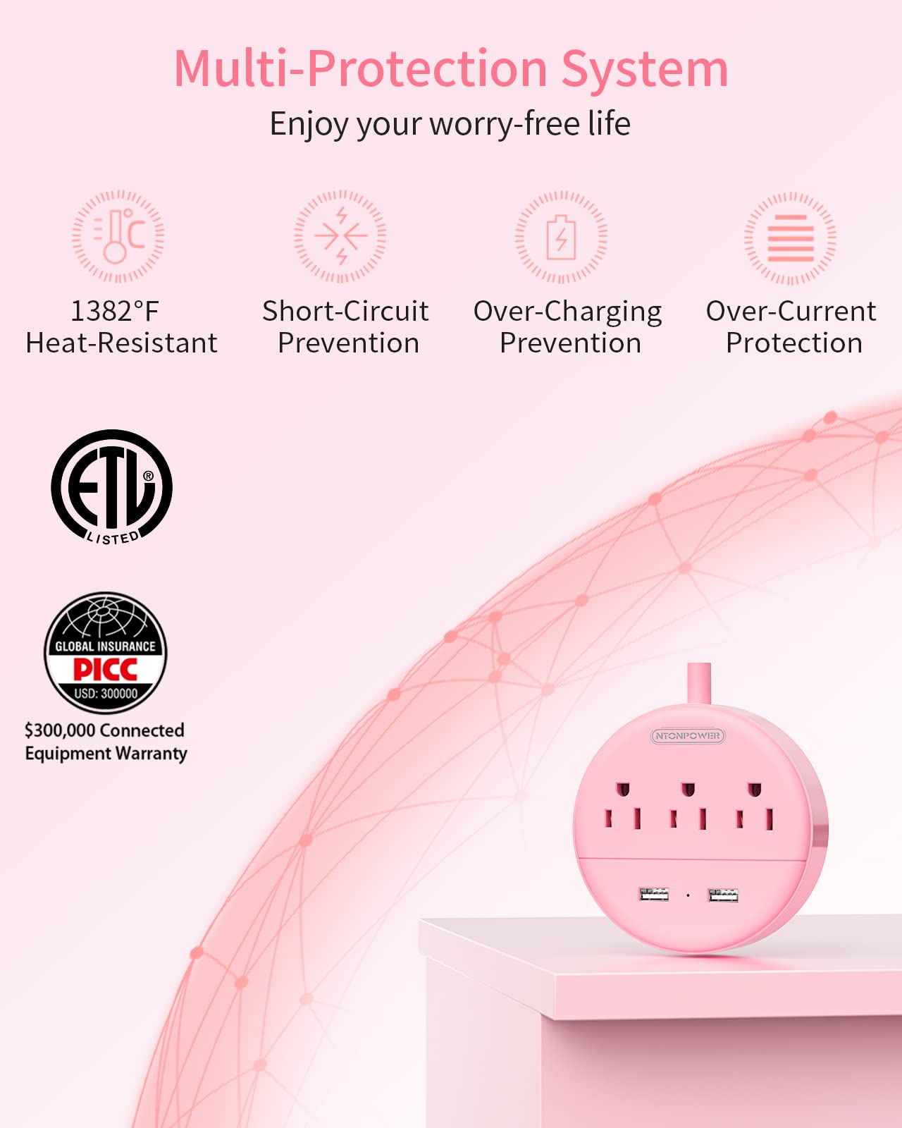 Pink Power Strip with USB, NTONPOWER Flat Plug Extension Cord 5ft, Nightstand Desktop Charging Station with 3 Outlet and 2 USB, Wall Mount, Small Size for Dorm Room Home Office Travel, ETL Listed