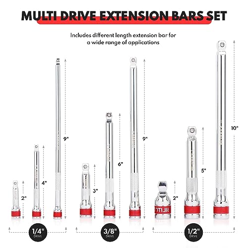 BILITOOLS Wobble Extension Set, 9 PCS 1/4 3/8 1/2, Ratchet Extension Set, Socket Adapter, Universal Joints, Cr-V Steel