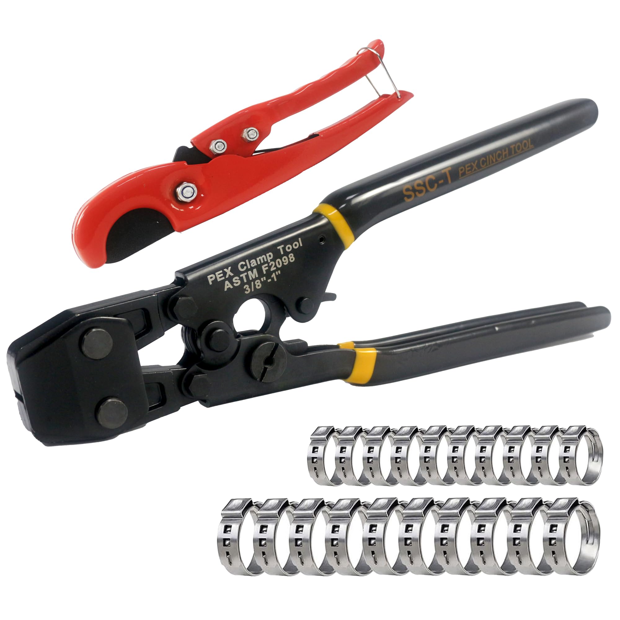 iGeelee Pex Crimping Tool with Tube Cutter - Complete Kit with 20 Clamps (10PCS 1/2" and 10PCS 3/4") - ASTM F2098 Compliant - Easy Ratchet Design (SSC-T20)