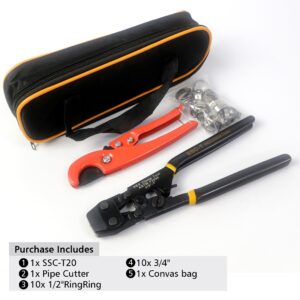 iGeelee Pex Crimping Tool with Tube Cutter - Complete Kit with 20 Clamps (10PCS 1/2" and 10PCS 3/4") - ASTM F2098 Compliant - Easy Ratchet Design (SSC-T20)