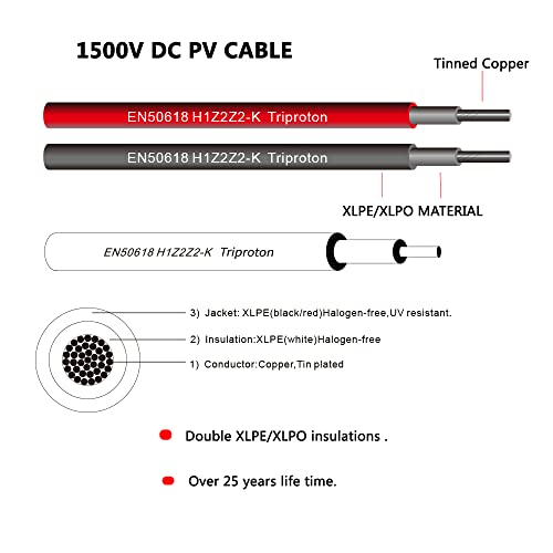 Triproton 1500V 10 feet 10AWG Solar Panel Extension Cable with IP68 Female and Male Connector Waterproof Adaptor Kit (10FT)