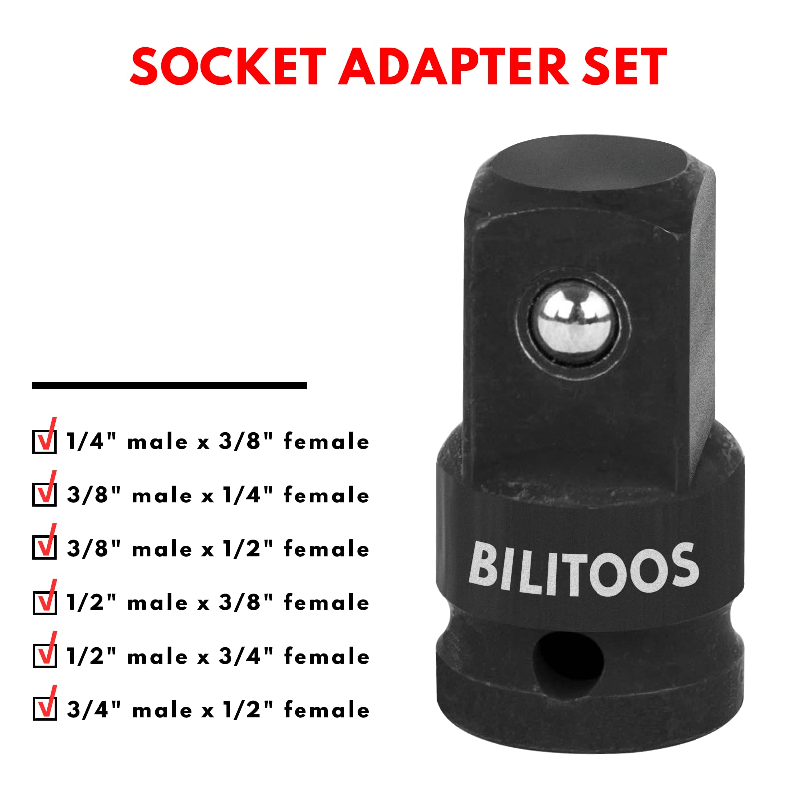 BILITOOLS Socket Adapter Set 17 Piece includes Reducer, Universal Joint Socket Set, Drill Adapter 1/4" 3/8" 1/2"