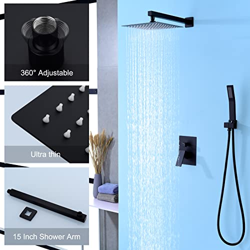 HANEBATH Matte Black Shower Faucet Set Complete with 10 Inch Rainfall Shower Head, Wall Mounted Shower Fixtures with Valve and Trim Kit
