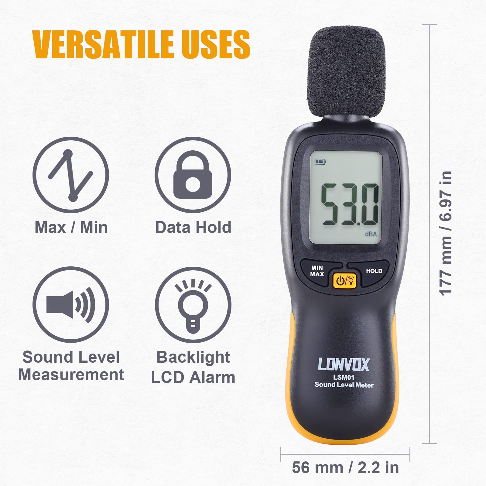 Decibel Meter, LONVOX Digital Sound Level Meter with 30 to 130 dBA Measuring Range, Backlit LCD Display, MAX/MIN Noise Measurement, Data Hold, SPL Meter for Classroom, Noisy Neighbor, Office, Factory