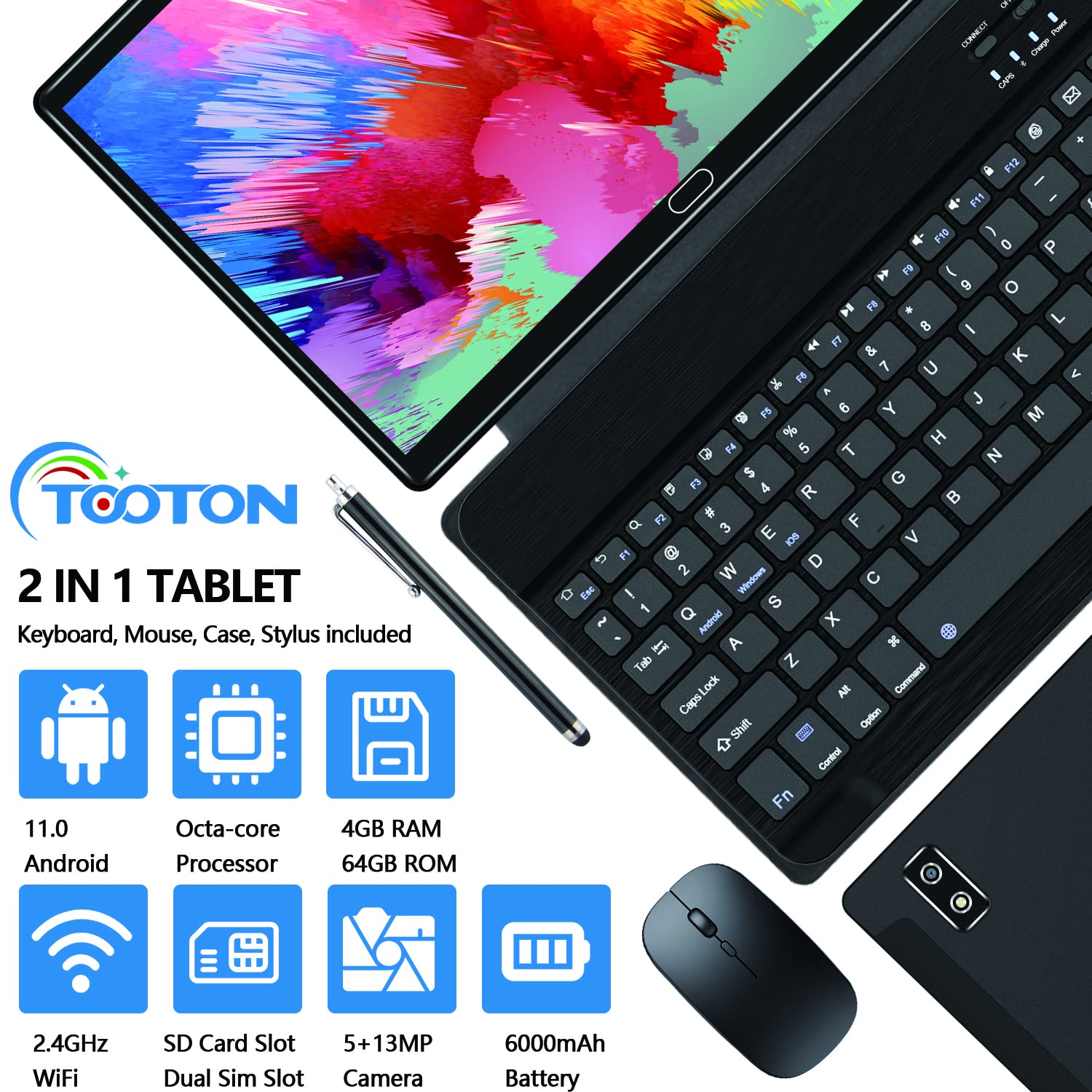 2024 Newest Tablet 10 Inch Android Tablets, 2 in 1 Tablet with 4+64/512GB Storage Octa-Core, Dual Sim Card Support 4G Cellular Tablet with Keyboard,13MP Camera, 6000mAh Battery, GPS, Bluetooth, WiFi