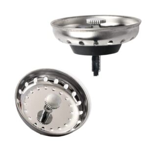 (2-pack) kitchen sink strainer with stopper - replacement stainless steel strainer with rubber stopper bottom - fits standard 3 1/2” drains with rectangular center hole - post-style strainer baskets