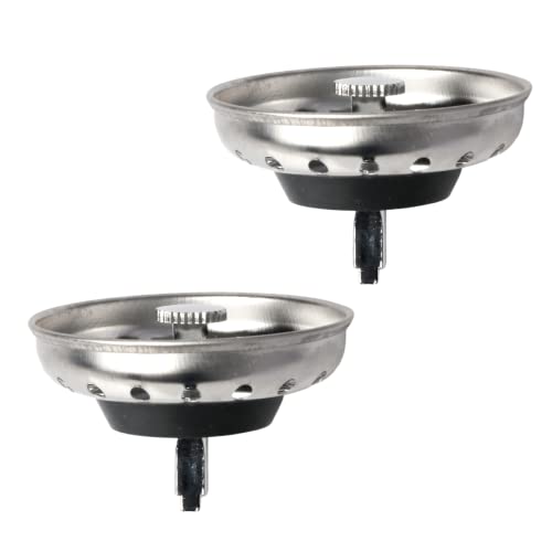 (2-Pack) Kitchen Sink Strainer with Stopper - Replacement Stainless Steel Strainer with Rubber Stopper Bottom - Fits Standard 3 1/2” Drains with Rectangular Center Hole - Post-Style Strainer Baskets