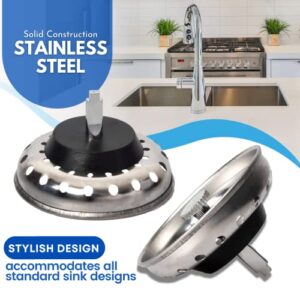 (2-Pack) Kitchen Sink Strainer with Stopper - Replacement Stainless Steel Strainer with Rubber Stopper Bottom - Fits Standard 3 1/2” Drains with Rectangular Center Hole - Post-Style Strainer Baskets