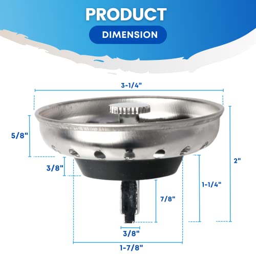 (2-Pack) Kitchen Sink Strainer with Stopper - Replacement Stainless Steel Strainer with Rubber Stopper Bottom - Fits Standard 3 1/2” Drains with Rectangular Center Hole - Post-Style Strainer Baskets