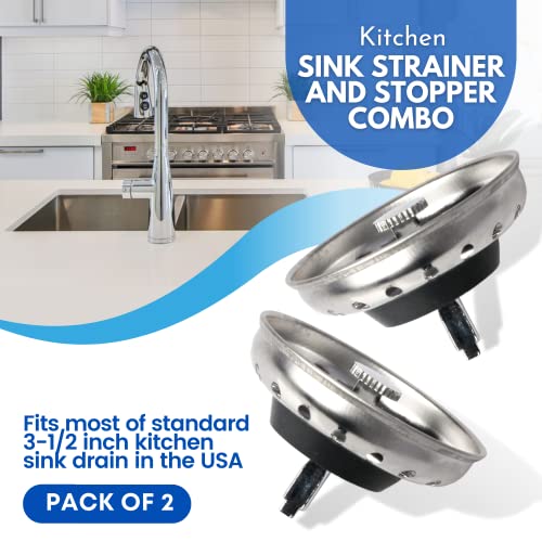 (2-Pack) Kitchen Sink Strainer with Stopper - Replacement Stainless Steel Strainer with Rubber Stopper Bottom - Fits Standard 3 1/2” Drains with Rectangular Center Hole - Post-Style Strainer Baskets