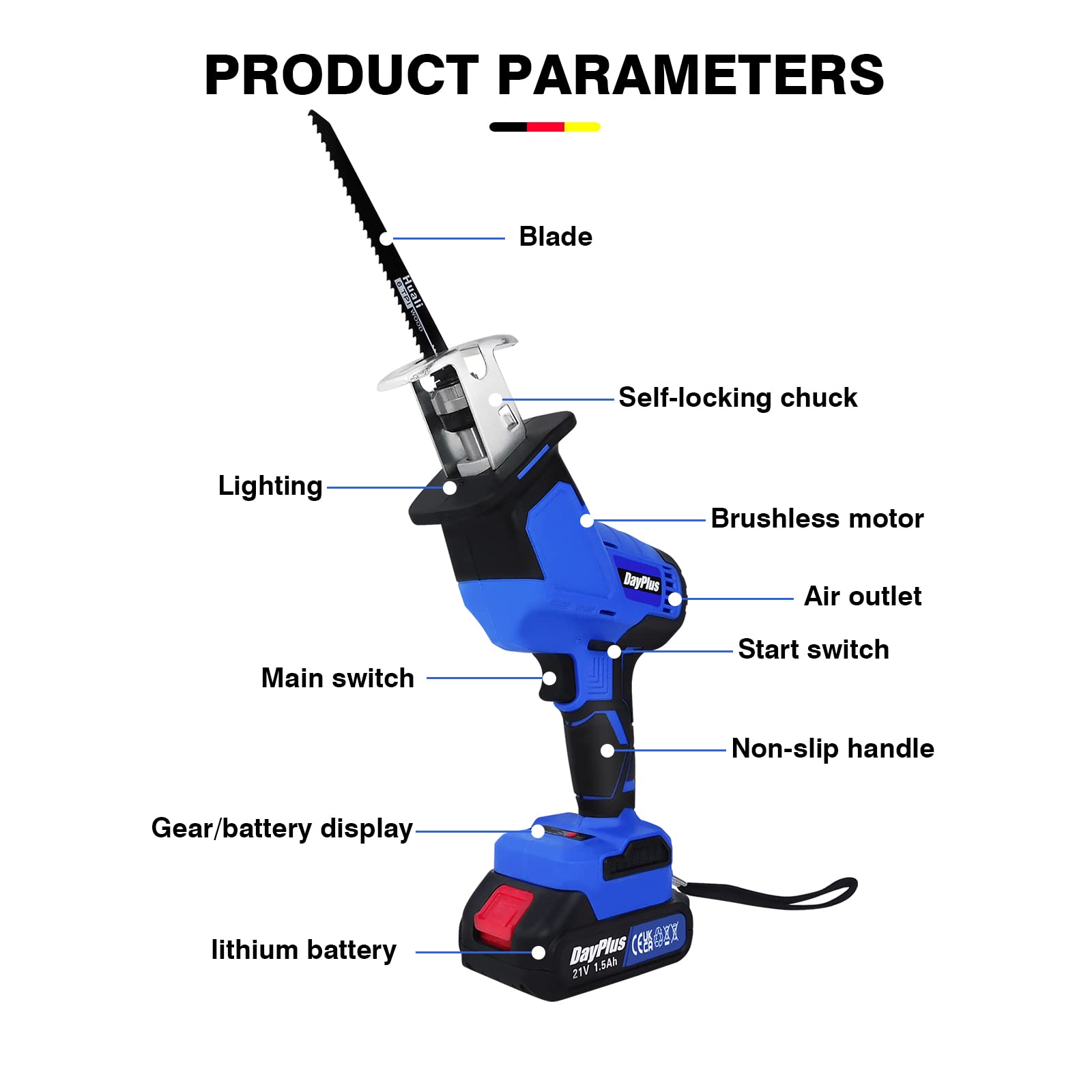 Cordless Reciprocating Saw,21V Brushless One-Handed Saw Battery Powered Portable Electric Saw Kit with 1.5Ah Battery,Charger,0-1900 RPM,Variable Speed,4 Saw Blades for Wood,Trees,or Metal Cutting