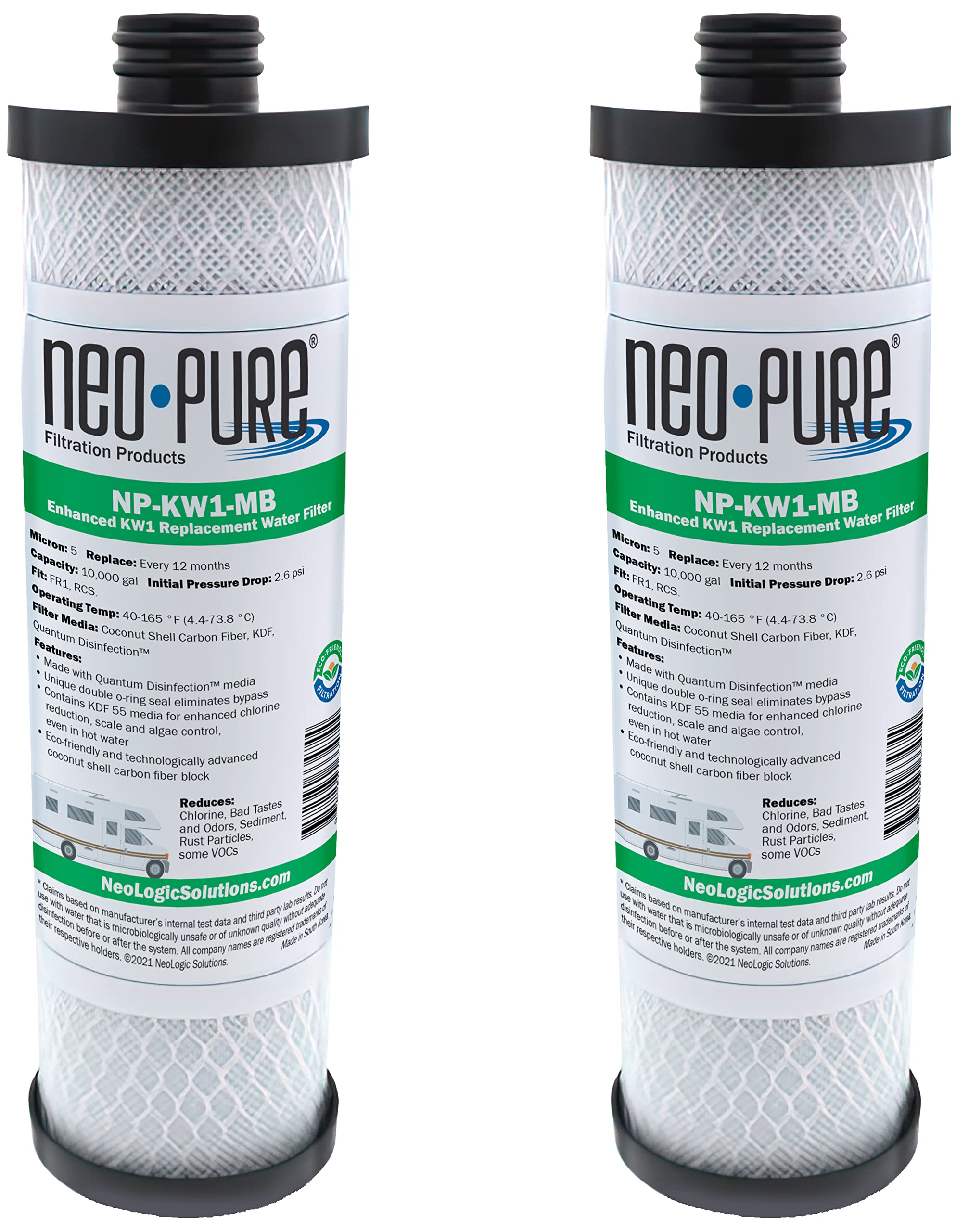 Neo-Pure NP-KW1-MB Compatible Replacement for WaterPur™ KW1 RV Water Filter- Now Available as MAX Filter- With Quantum Water Purification KDF 55 Media and Coconut Shell Carbon Fiber 2-Pack